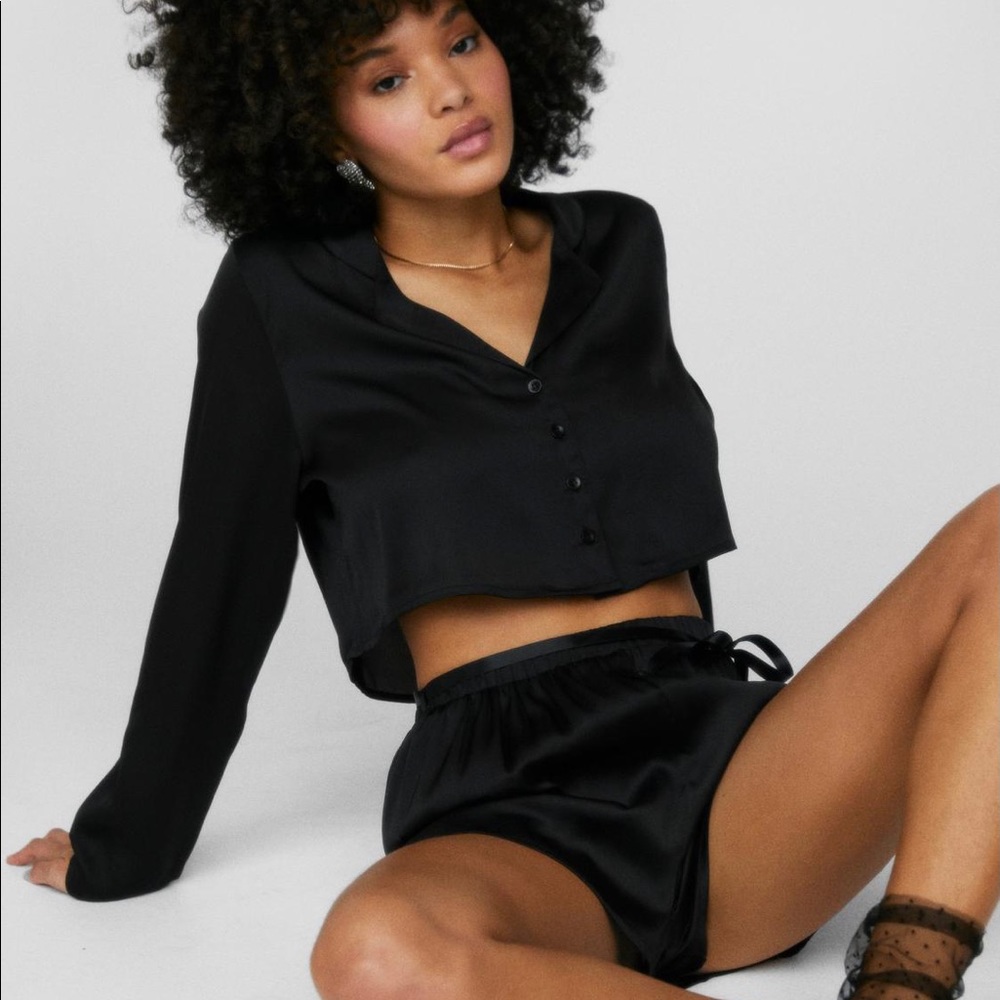 Cropped black satin shirt and short set